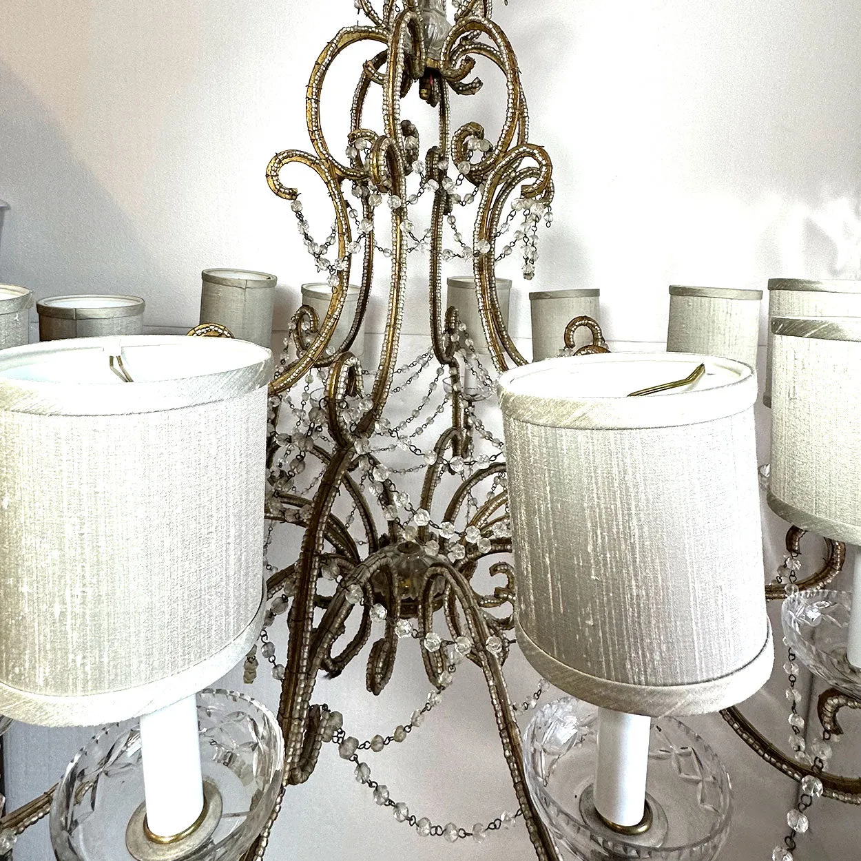 Large European Gilt Wrought Iron Beaded Crystal Birdcage 12-Light Chandelier