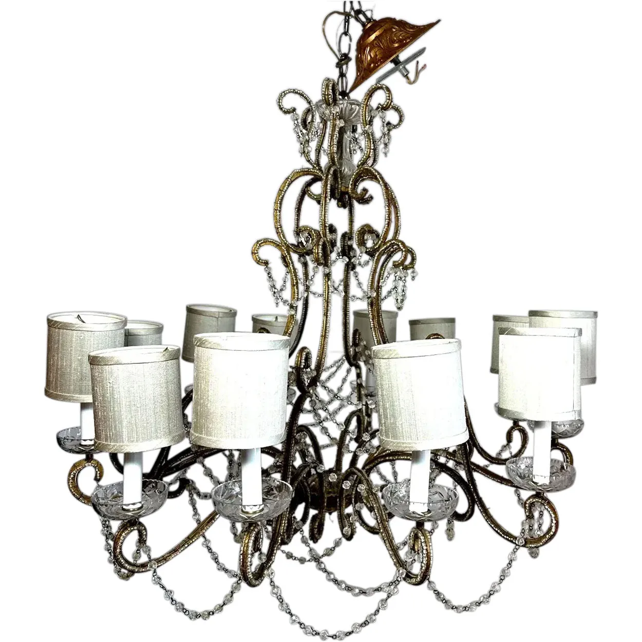 Large European Gilt Wrought Iron Beaded Crystal Birdcage 12-Light Chandelier