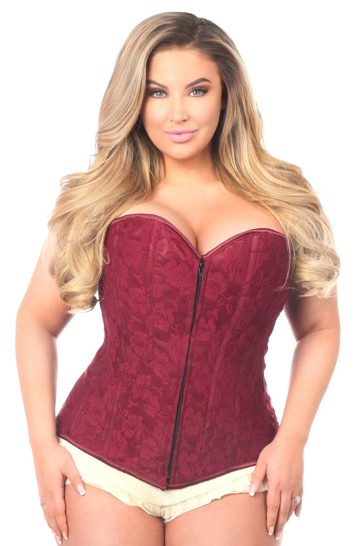 Lavish Plus Size Wine Lace Overbust Corset with Zipper