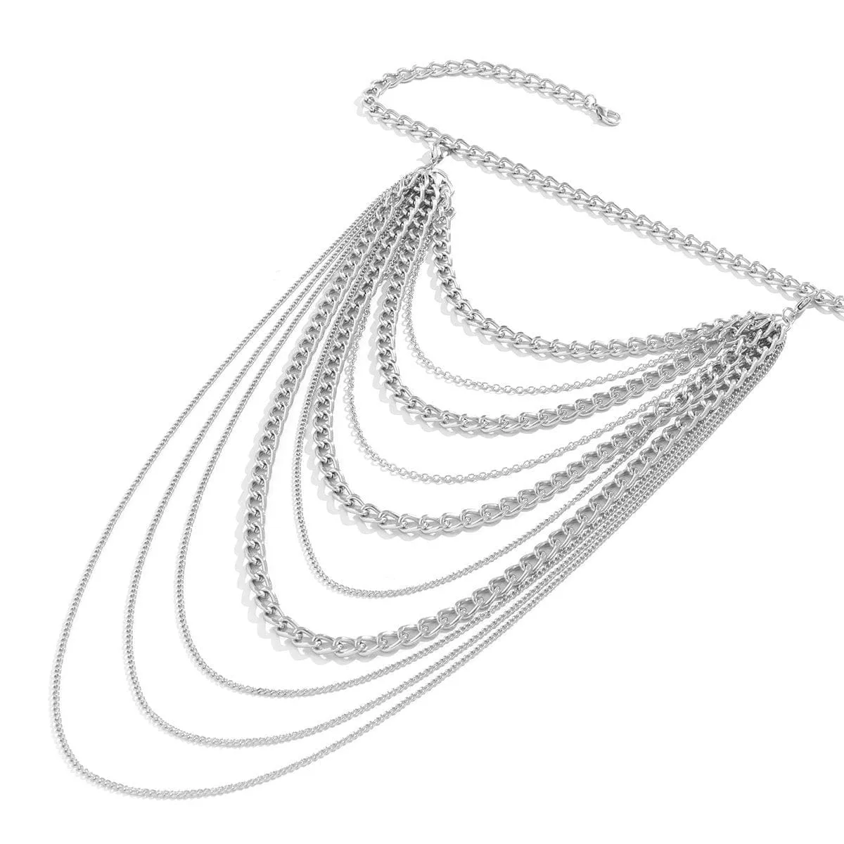 Layered Gold Silver Tone Curb Link Chain Tassel Shoulder Necklace