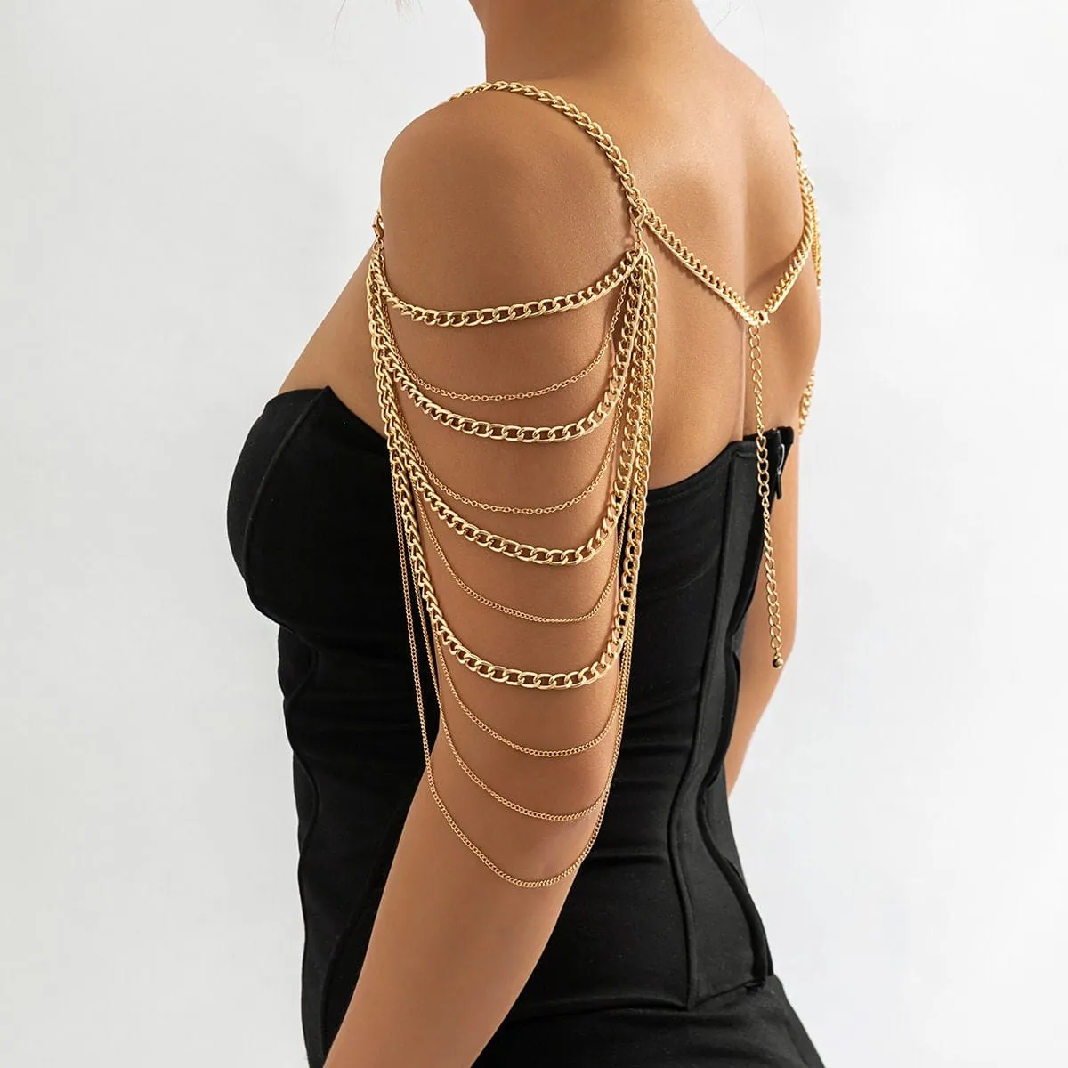 Layered Gold Silver Tone Curb Link Chain Tassel Shoulder Necklace