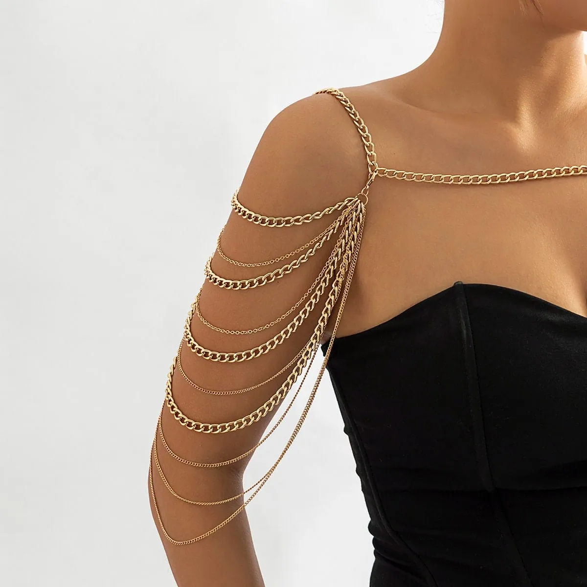 Layered Gold Silver Tone Curb Link Chain Tassel Shoulder Necklace