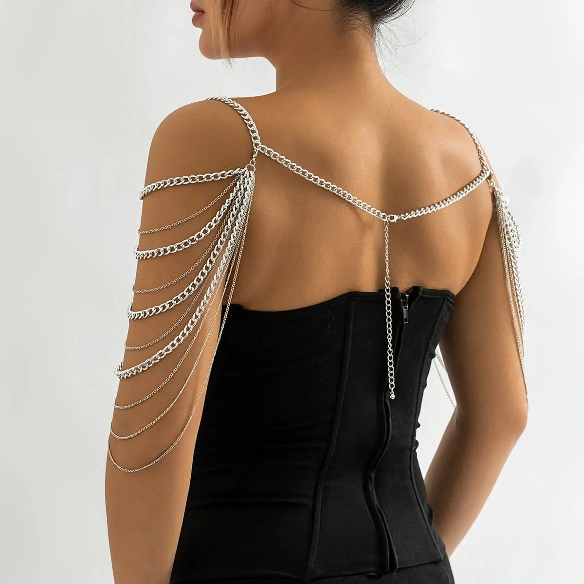 Layered Gold Silver Tone Curb Link Chain Tassel Shoulder Necklace