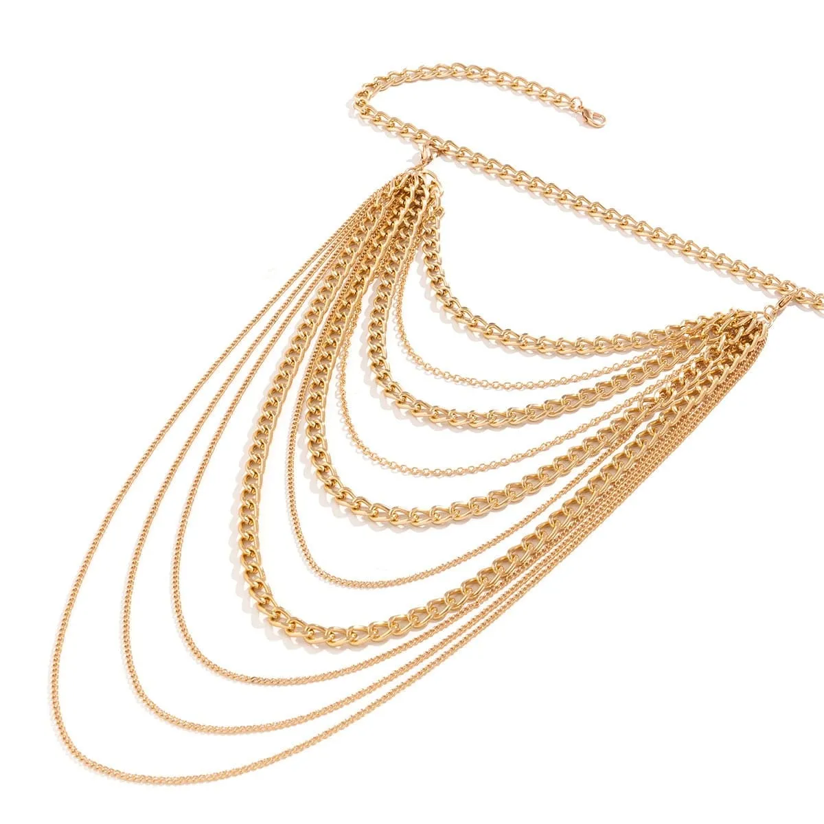 Layered Gold Silver Tone Curb Link Chain Tassel Shoulder Necklace