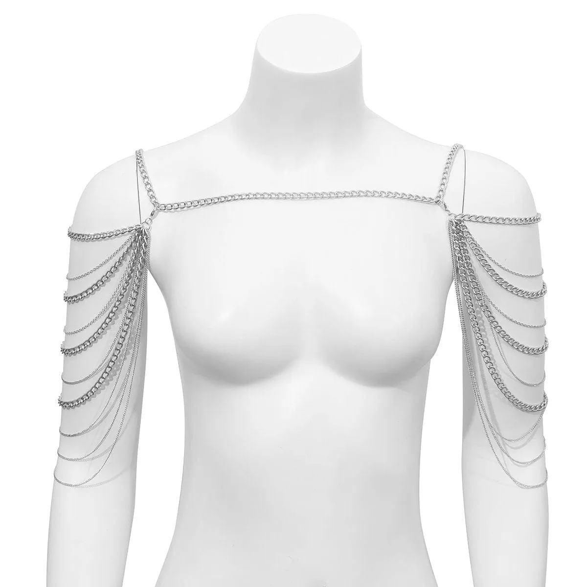 Layered Gold Silver Tone Curb Link Chain Tassel Shoulder Necklace