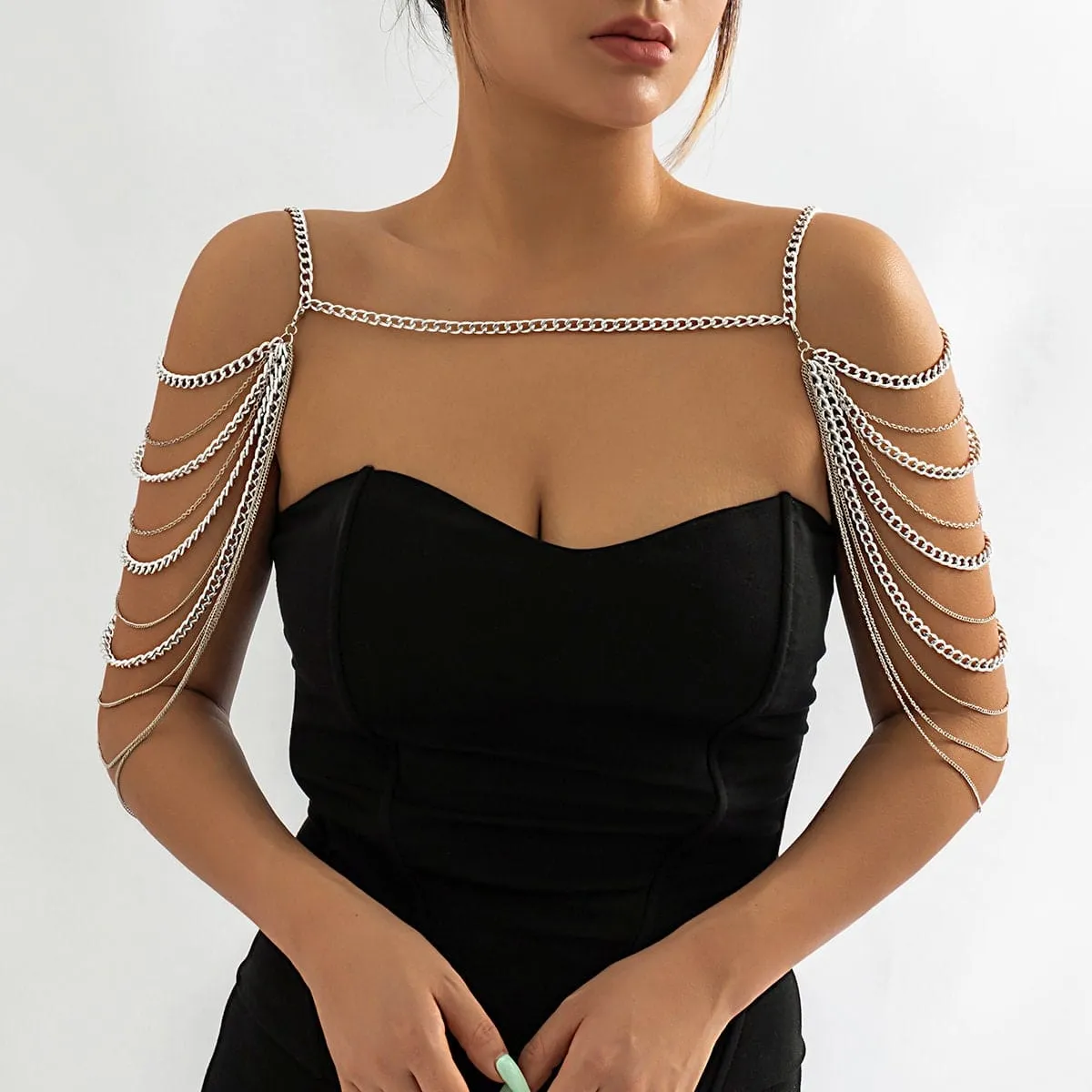 Layered Gold Silver Tone Curb Link Chain Tassel Shoulder Necklace