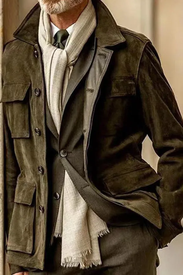 leather velvet casual coat windbreaker with multiple pockets