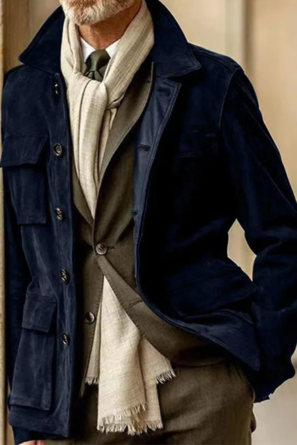 leather velvet casual coat windbreaker with multiple pockets