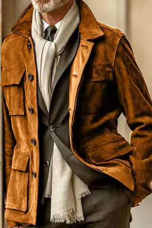 leather velvet casual coat windbreaker with multiple pockets