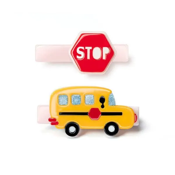 Lilies & Roses Yellow Bus & Red Stop Sign Alligator Clip Set