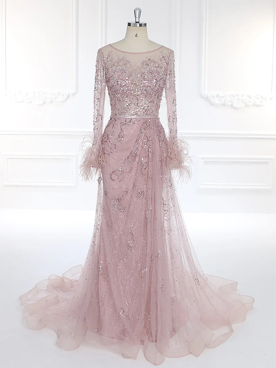 Long Sleeve Charming Beaded Pink Evening Dress YEWEN