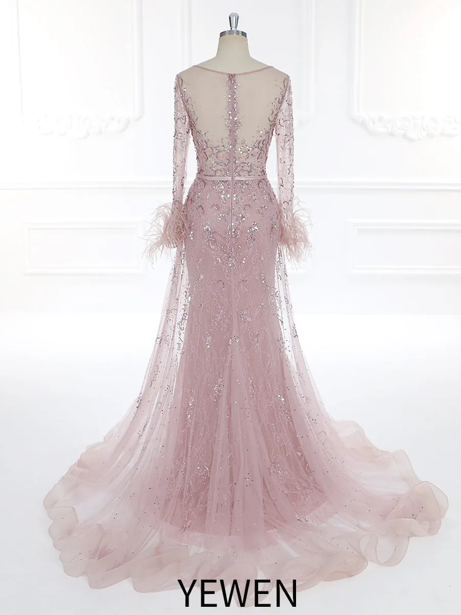 Long Sleeve Charming Beaded Pink Evening Dress YEWEN