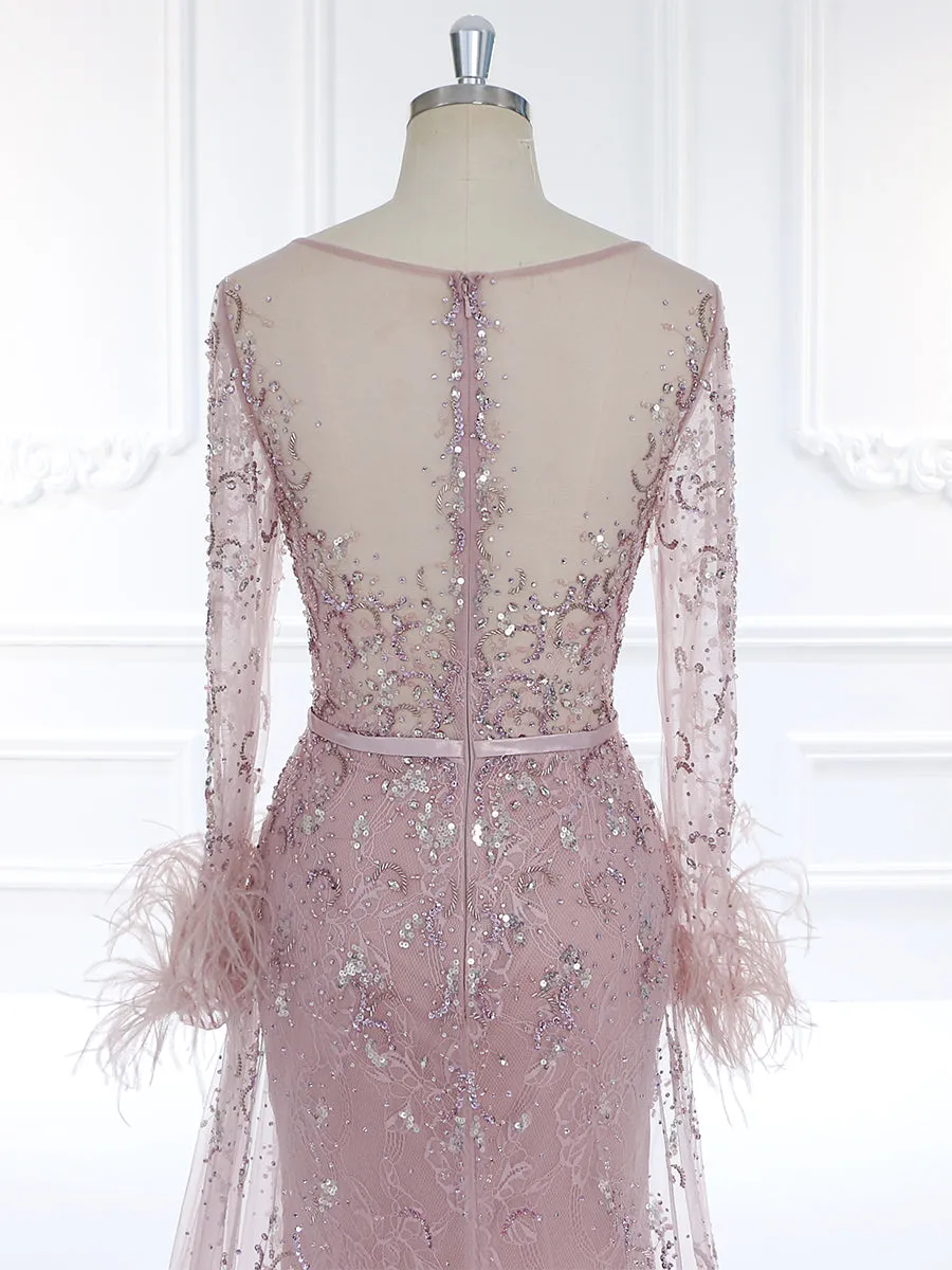 Long Sleeve Charming Beaded Pink Evening Dress YEWEN