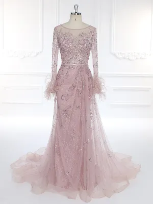 Long Sleeve Charming Beaded Pink Evening Dress YEWEN