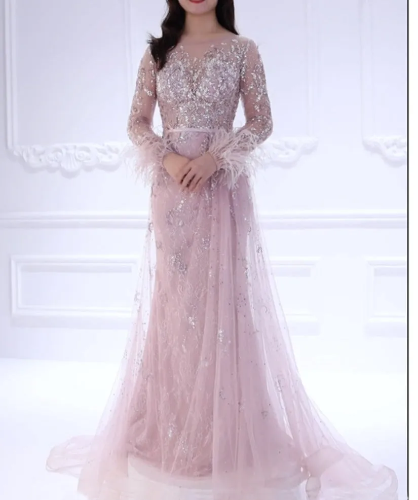 Long Sleeve Charming Beaded Pink Evening Dress YEWEN
