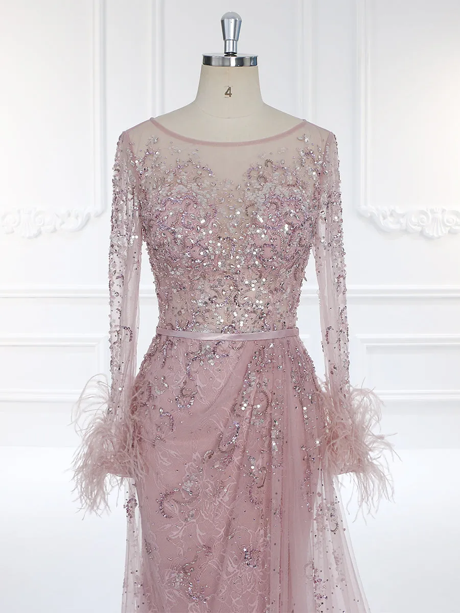 Long Sleeve Charming Beaded Pink Evening Dress YEWEN