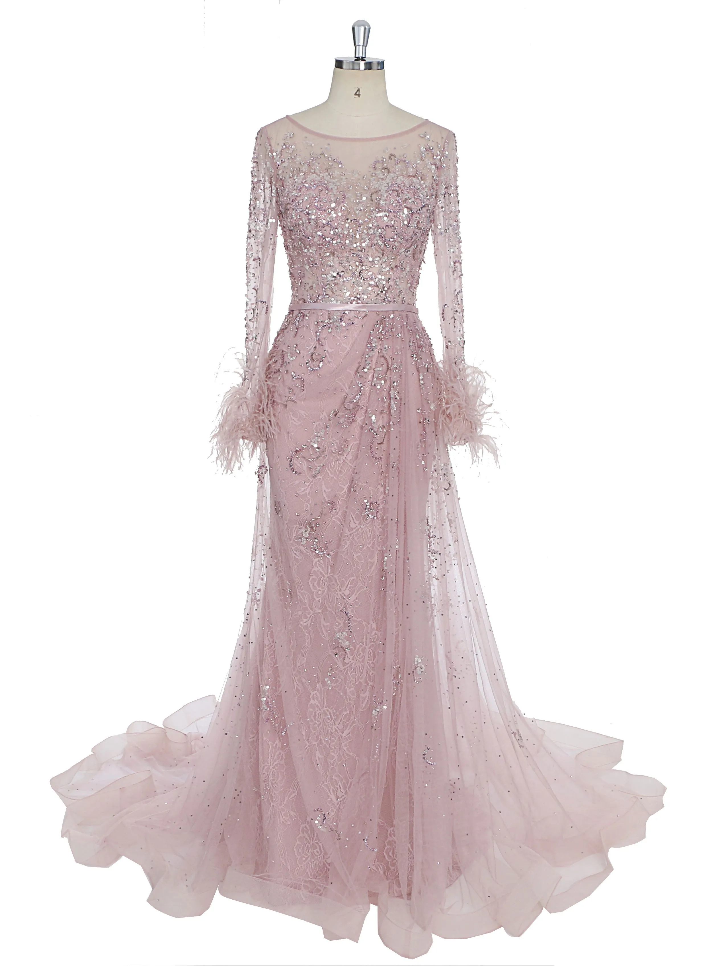 Long Sleeve Charming Beaded Pink Evening Dress YEWEN