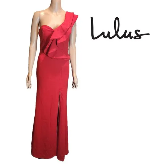 Lulu’s Kiss Me Again Ruffled One-Shoulder Maxi Dress NWT Red Size Med