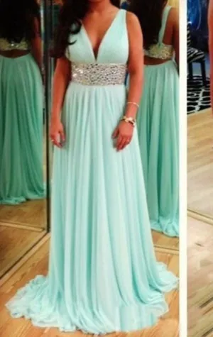 MACloth Deep V Neck Chiffon Mint Long Prom Dress Cut Out Formal Evening Gown