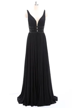 MACloth Straps Deep V Neck Jersey Long Prom Dress Black Formal Evening Gown