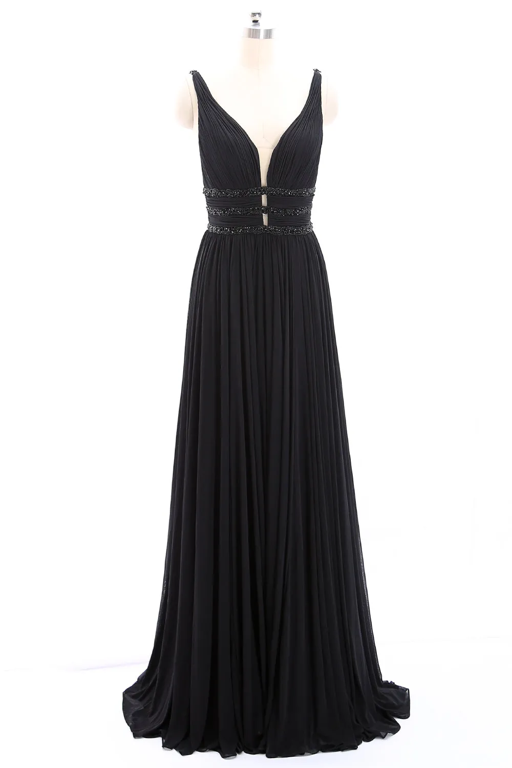 MACloth Straps Deep V Neck Jersey Long Prom Dress Black Formal Evening Gown