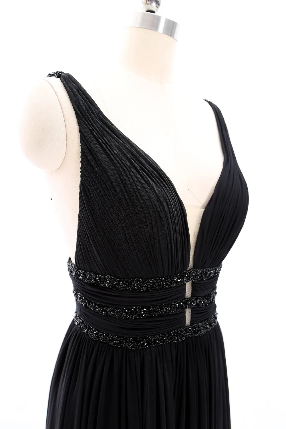 MACloth Straps Deep V Neck Jersey Long Prom Dress Black Formal Evening Gown