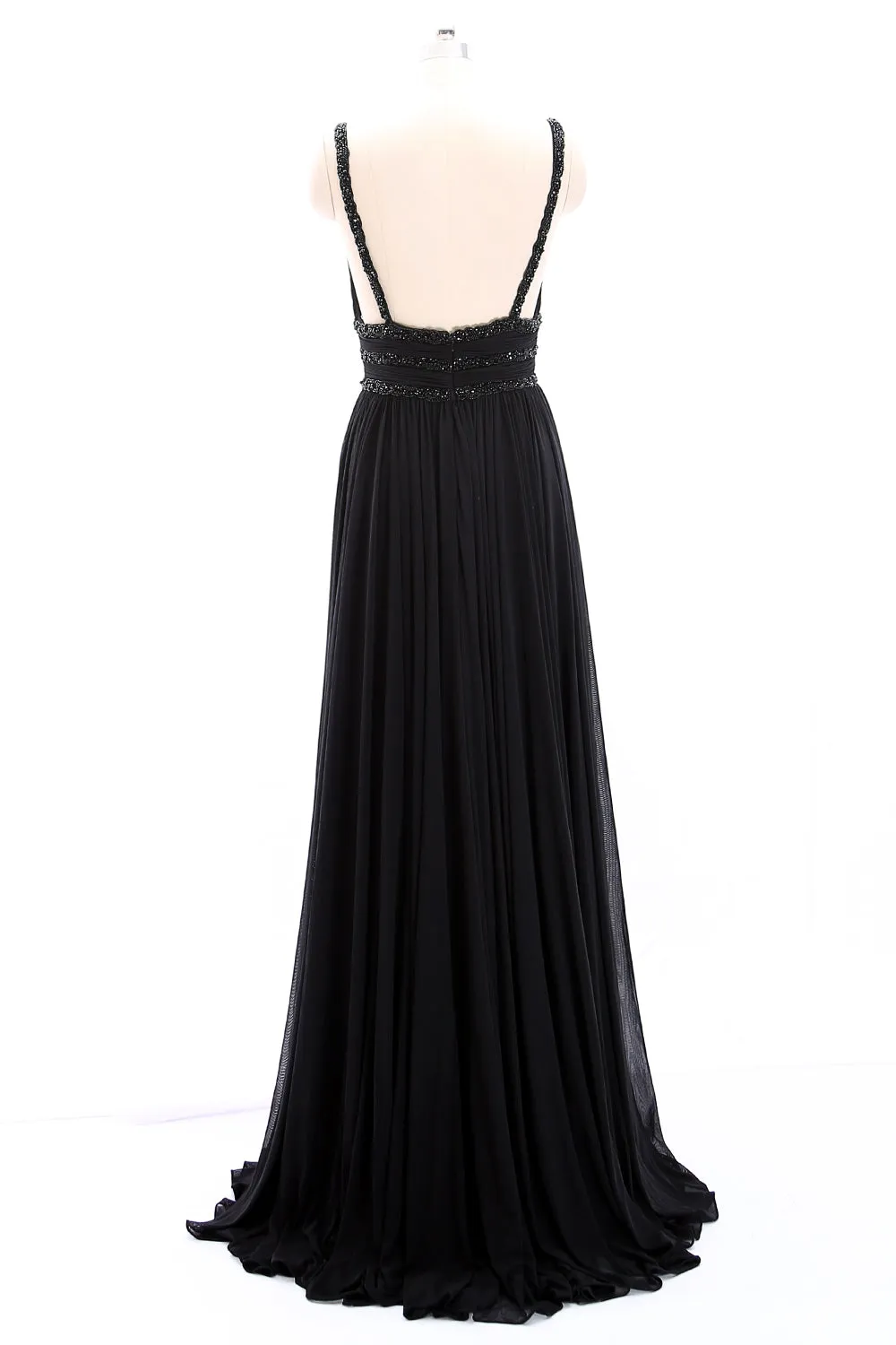 MACloth Straps Deep V Neck Jersey Long Prom Dress Black Formal Evening Gown