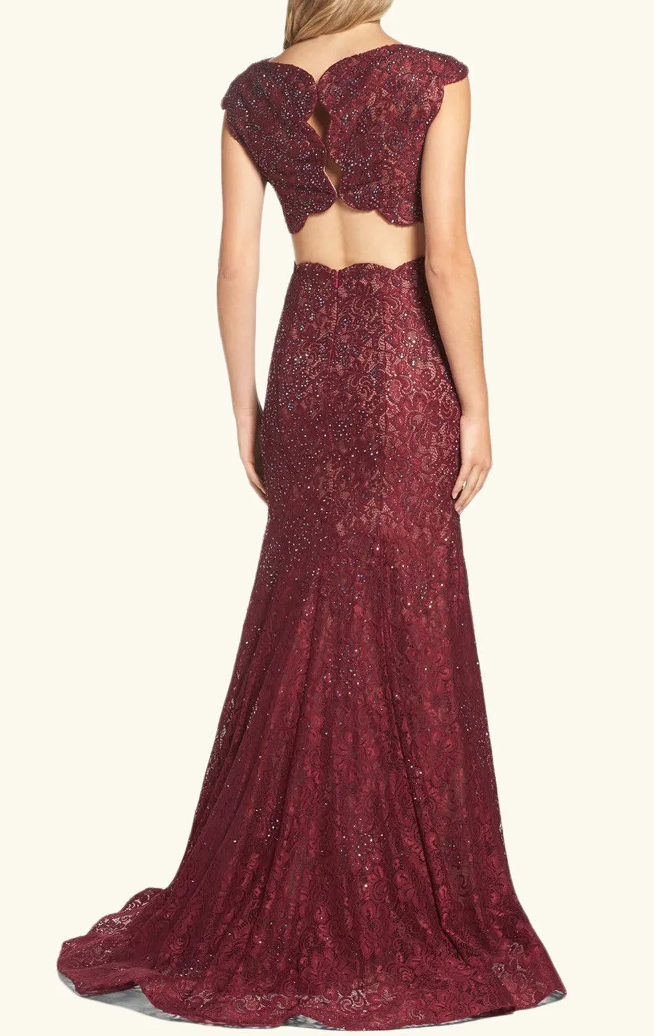 MACloth Two Piece Cap Sleeves Lace Prom Dress Burgundy Formal Evening Gown