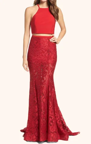 MACloth Two Piece Lace Long Prom Dress Red Formal Evening Gown