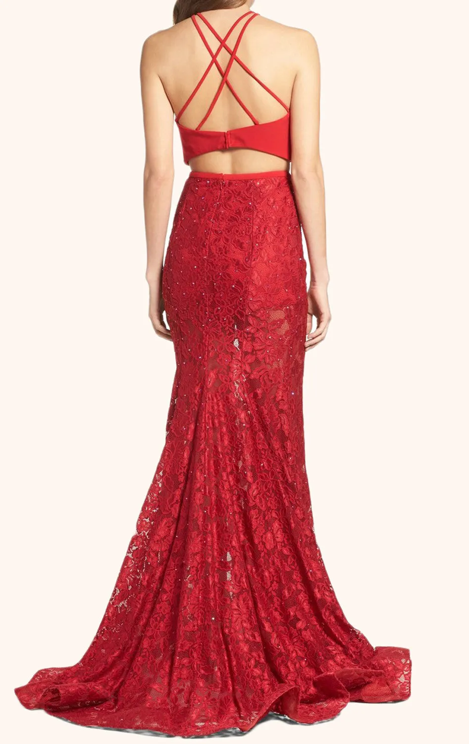 MACloth Two Piece Lace Long Prom Dress Red Formal Evening Gown