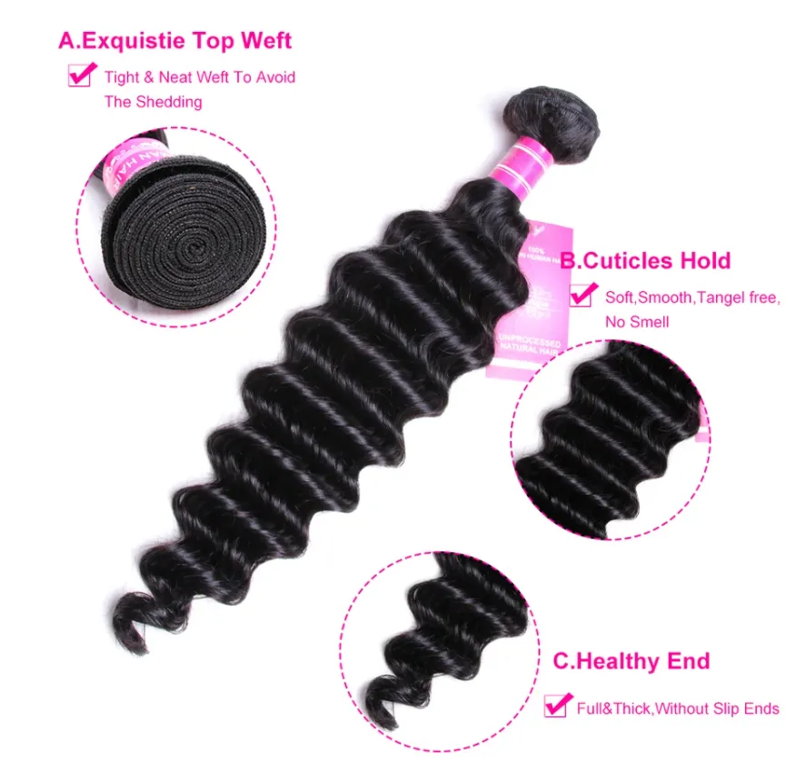 Malaysian Deep Wave Bundles With 4×4 Closure 10A Grade 100% Human Remy Hair MYLOCKME