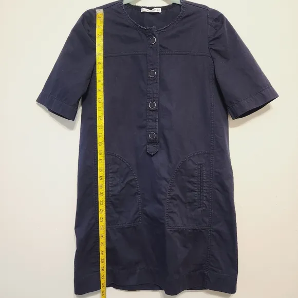 Mango Navy Blue Short Sleeve Snap Button Front Mini Cotton Dress