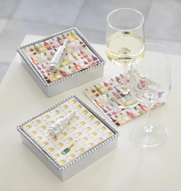 Mariposa Wine Bottle Beaded Napkin Box Set