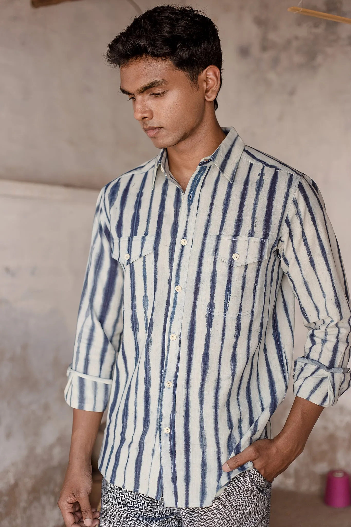 Mazadoor Work Shirt in Indigo Stripe Shibori