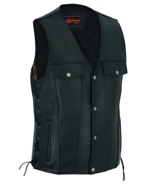 Men's Black Leather Vest with Side Laces and Smart Access Pocket