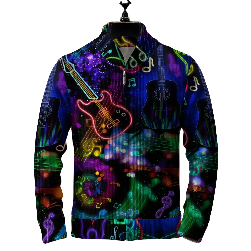 Men's Music Guitar Print Zip-Up Sweater Jacket 2409005183