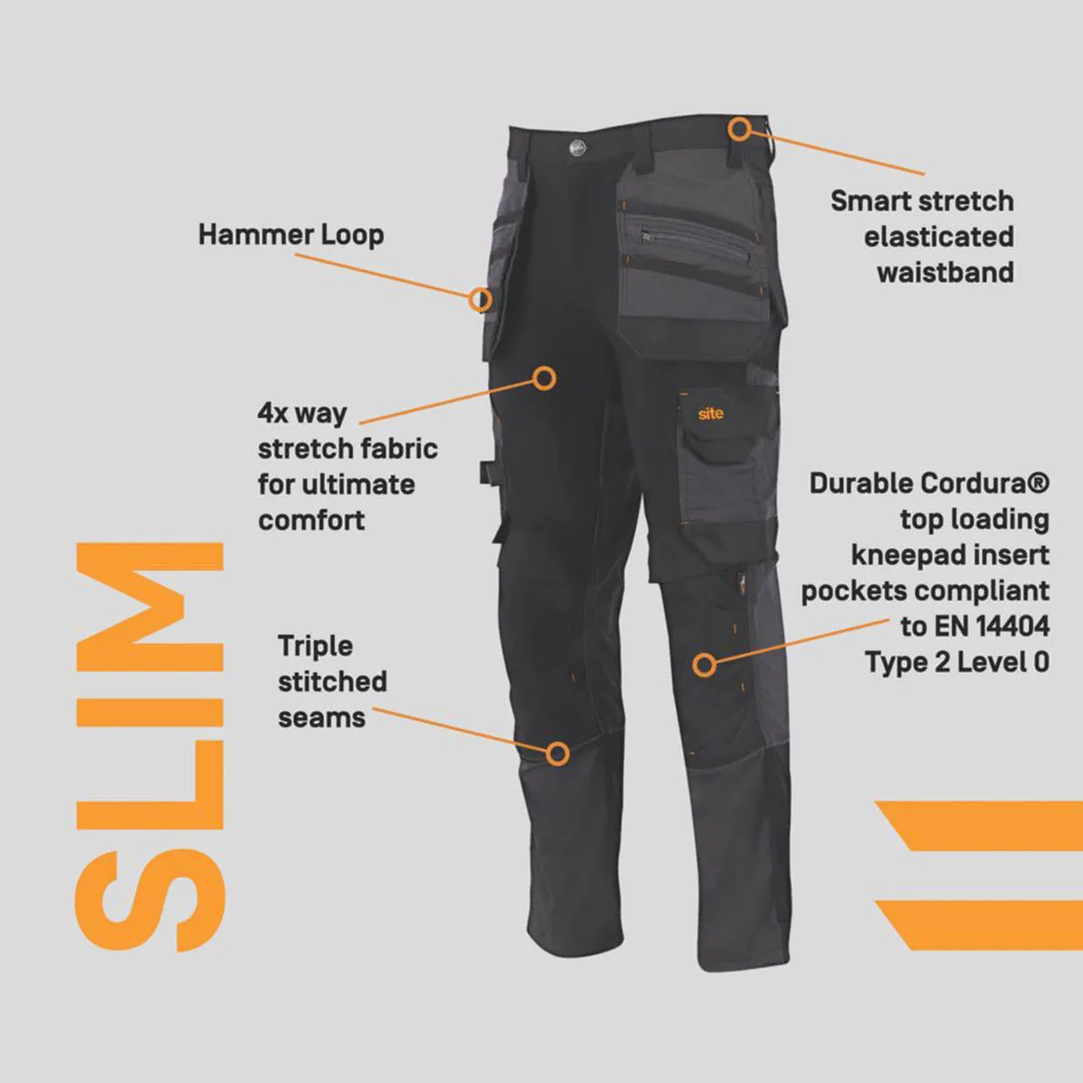 Mens Work Trousers Stretch Holster Pocket Black Slim Fit Breathable 30" W 32" L