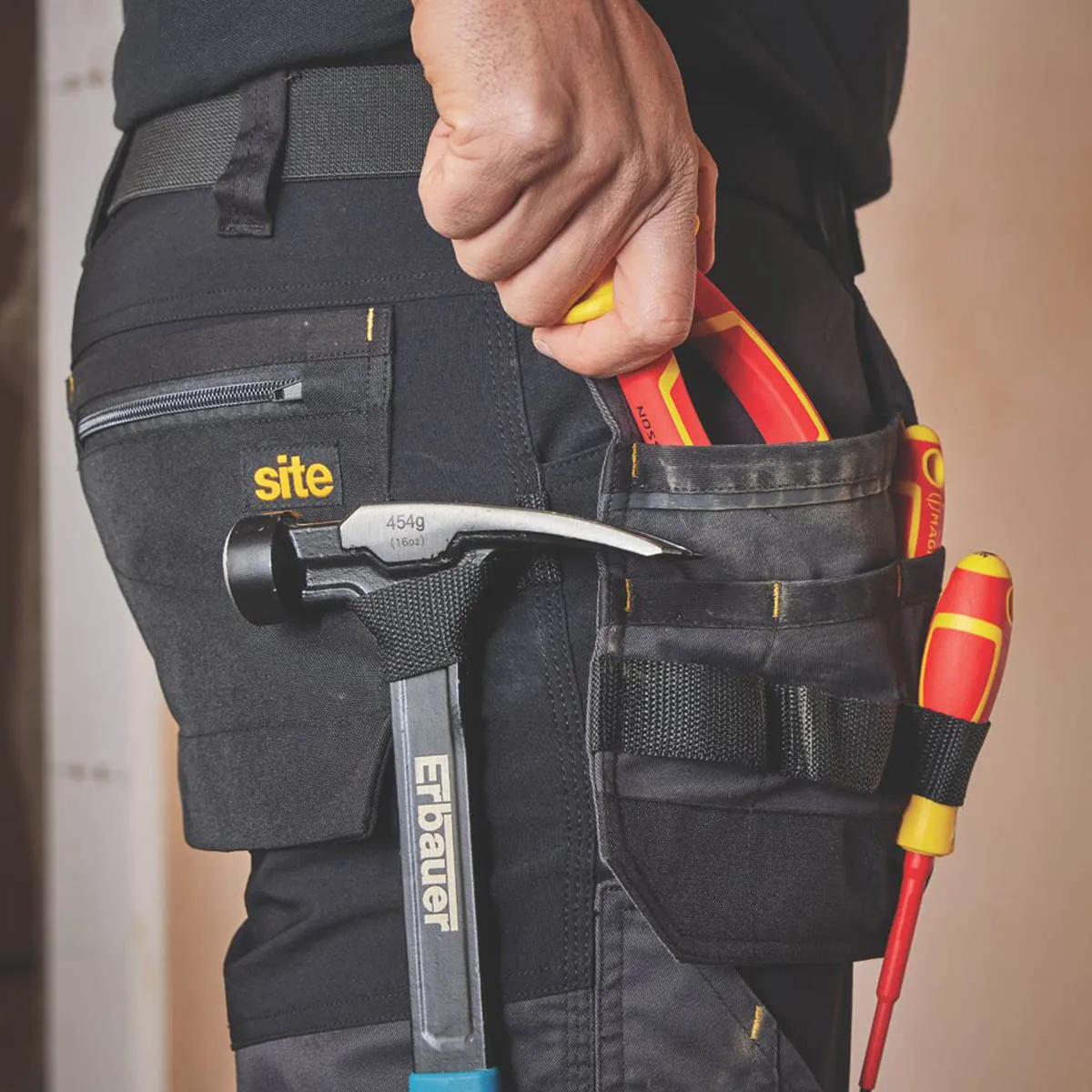 Mens Work Trousers Stretch Holster Pocket Black Slim Fit Breathable 30" W 32" L