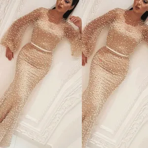 mermaid evening dresses long beaded flare sleeve elegant muslim champagne formal dress vestido de Longo