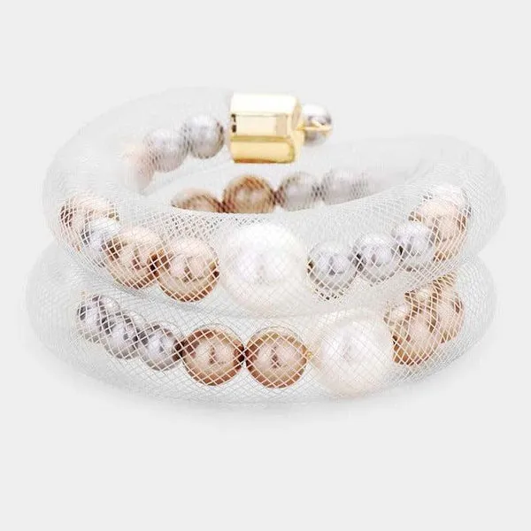 Mesh Tube Brown Gray White Pearl Adjustable Bracelet