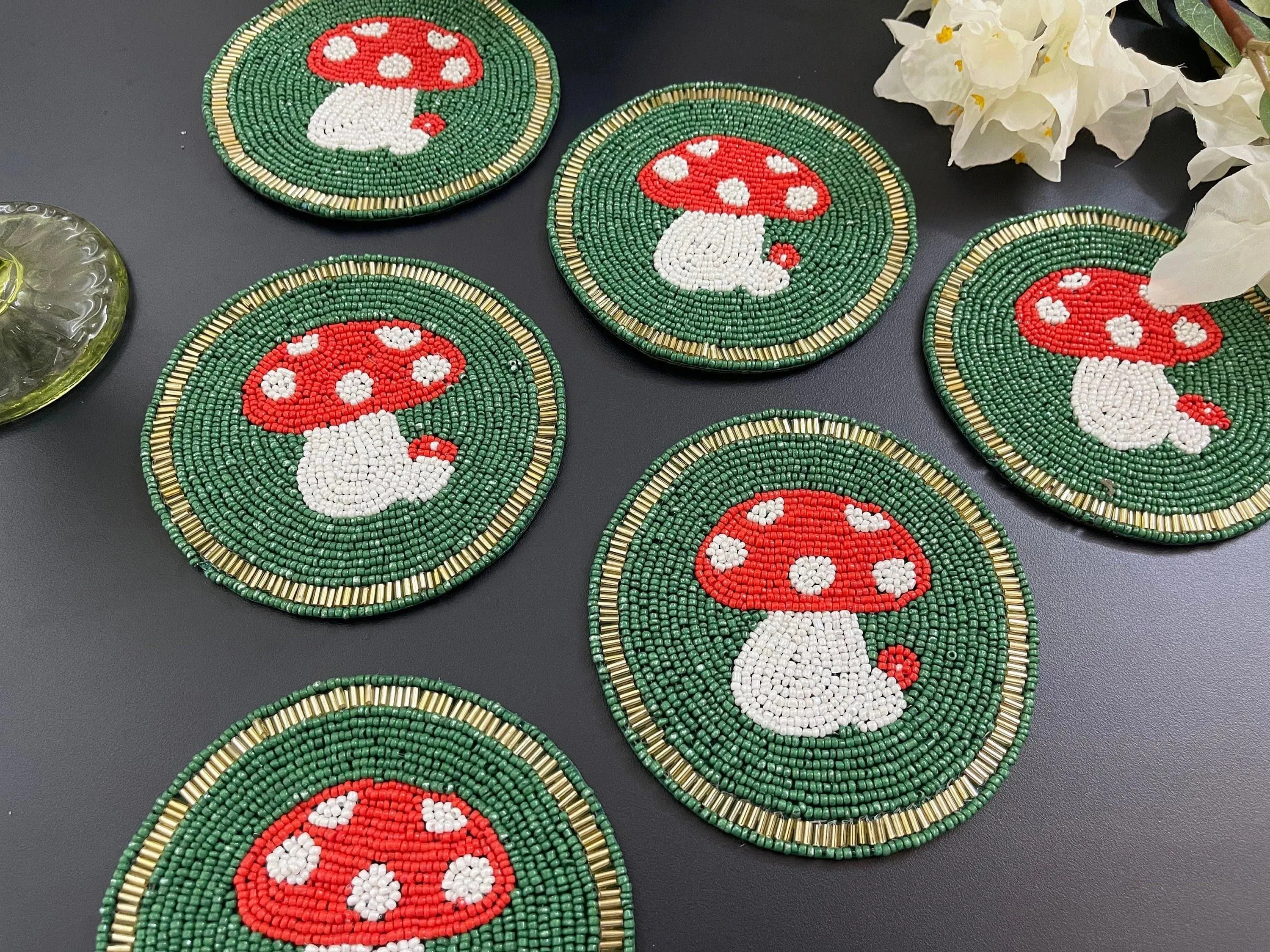 Mushroom Round Beaded Coaster set of 6