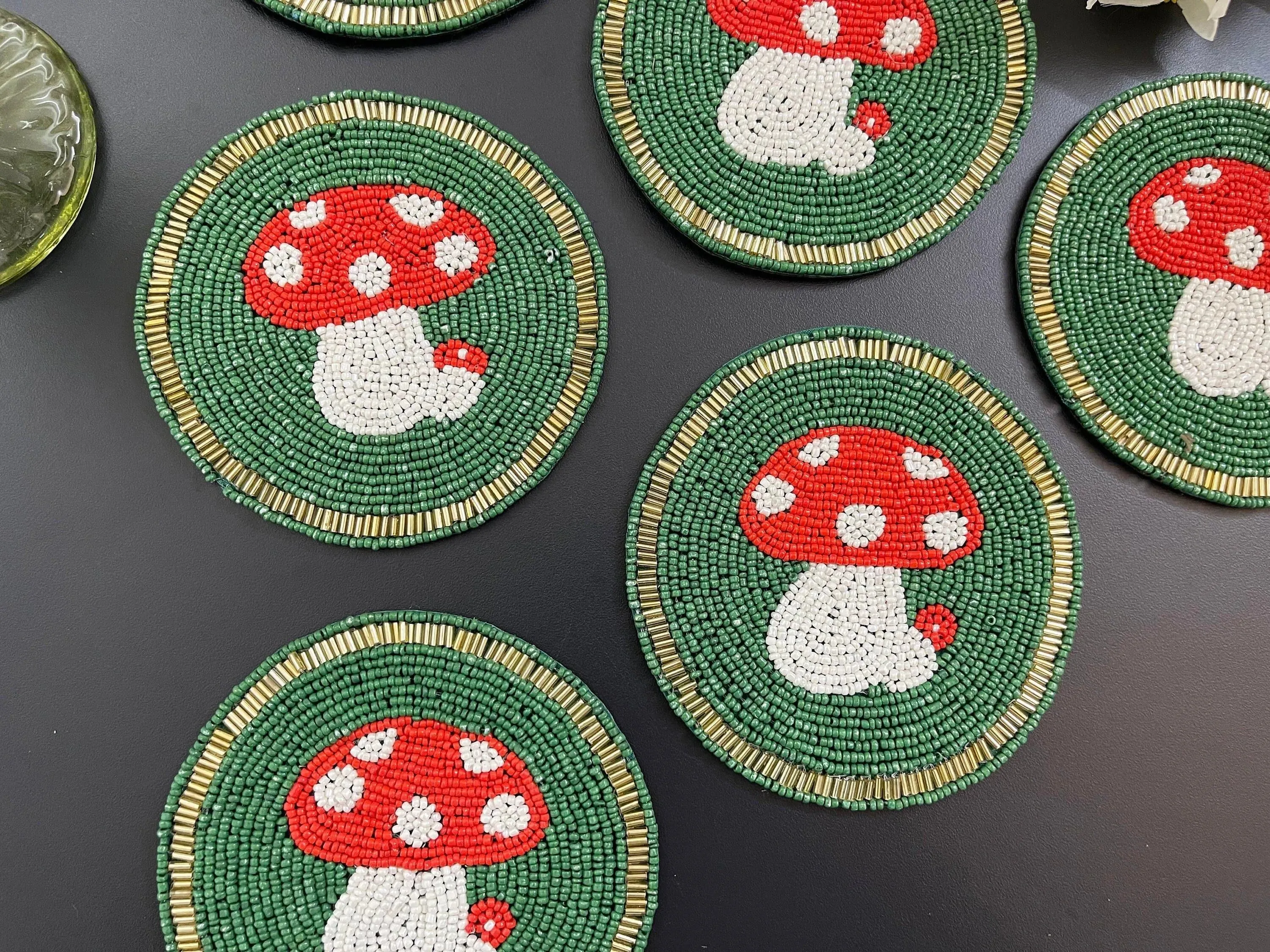 Mushroom Round Beaded Coaster set of 6