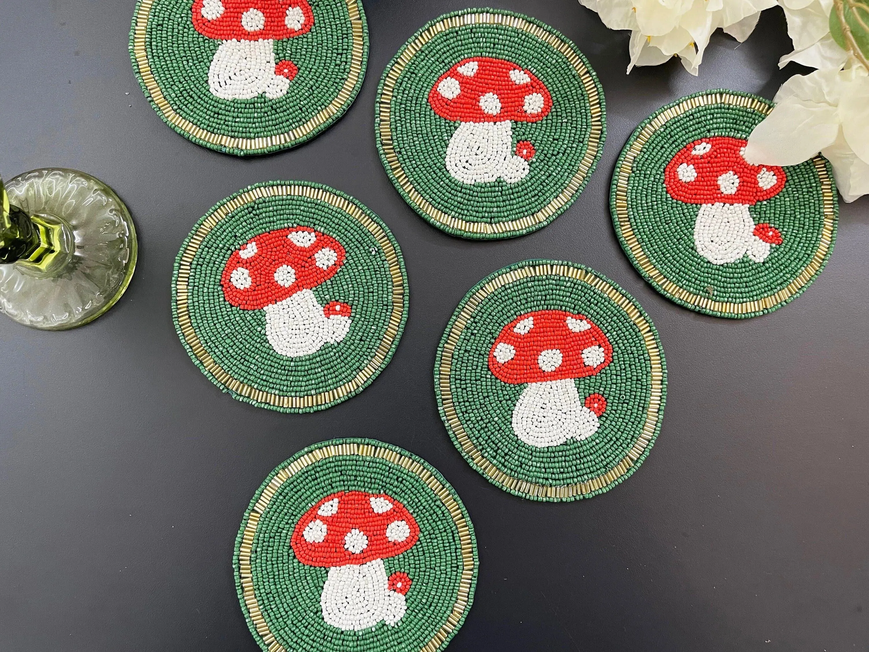 Mushroom Round Beaded Coaster set of 6