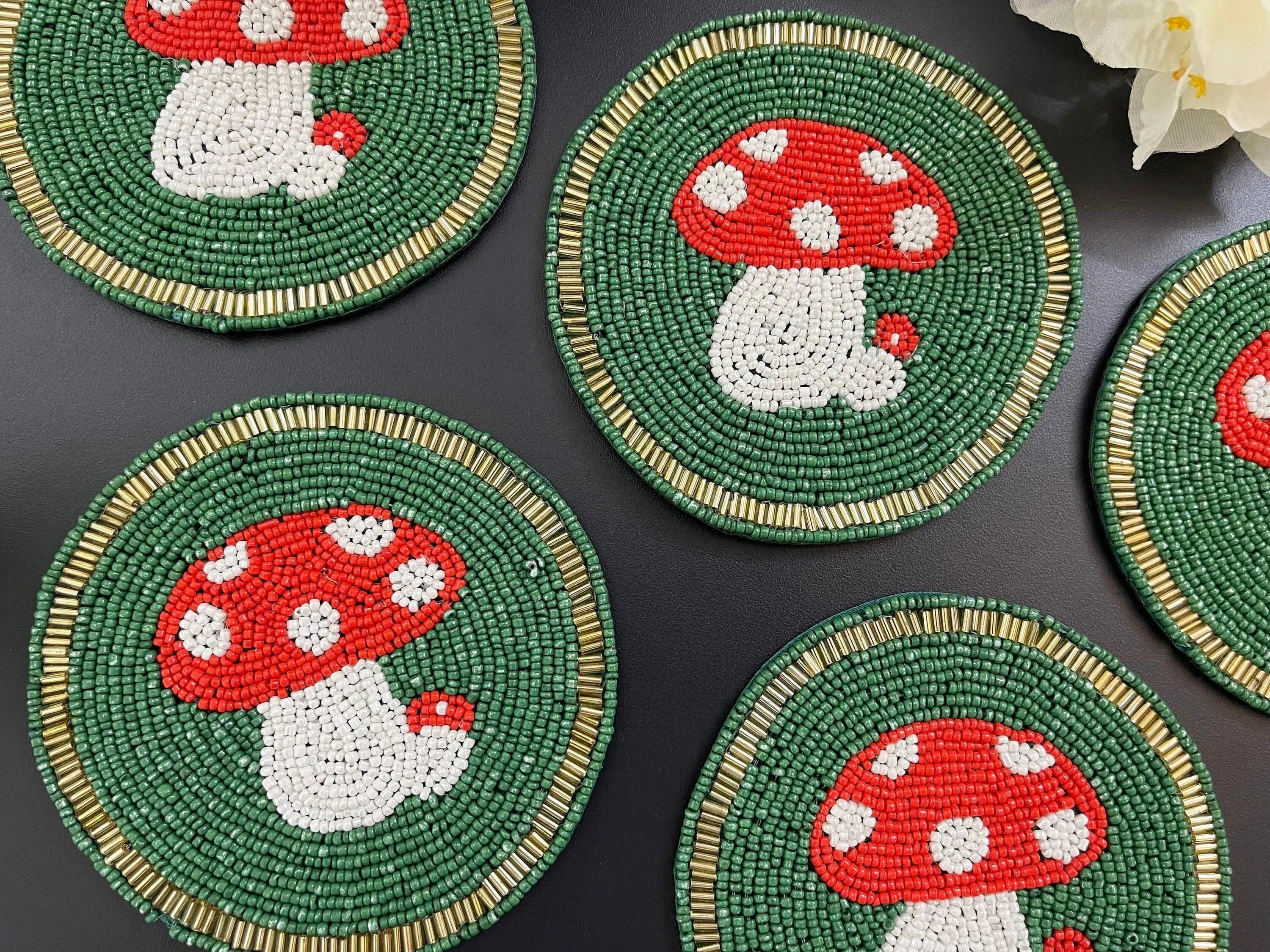 Mushroom Round Beaded Coaster set of 6