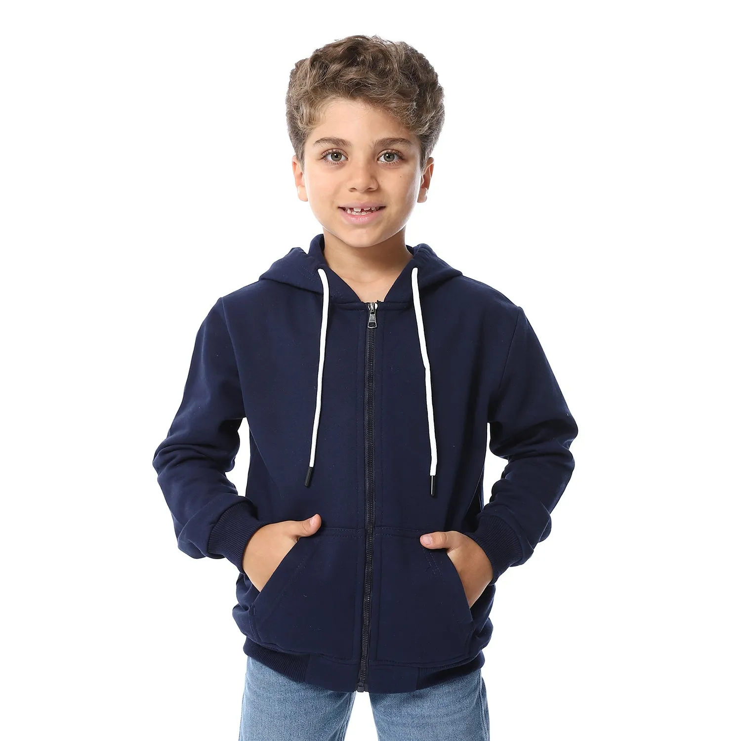 Navy Blue Zipper Closure Fleeced Boys Sweatshirt