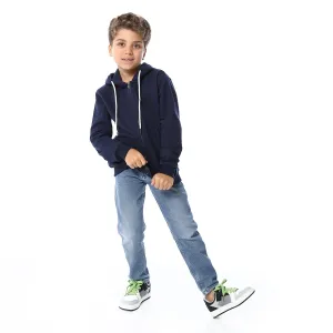 Navy Blue Zipper Closure Fleeced Boys Sweatshirt
