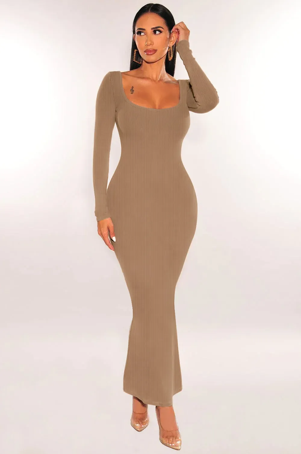 Nerina Ribbed Scoop Back Long Sleeve Bodycon Maxi Dress