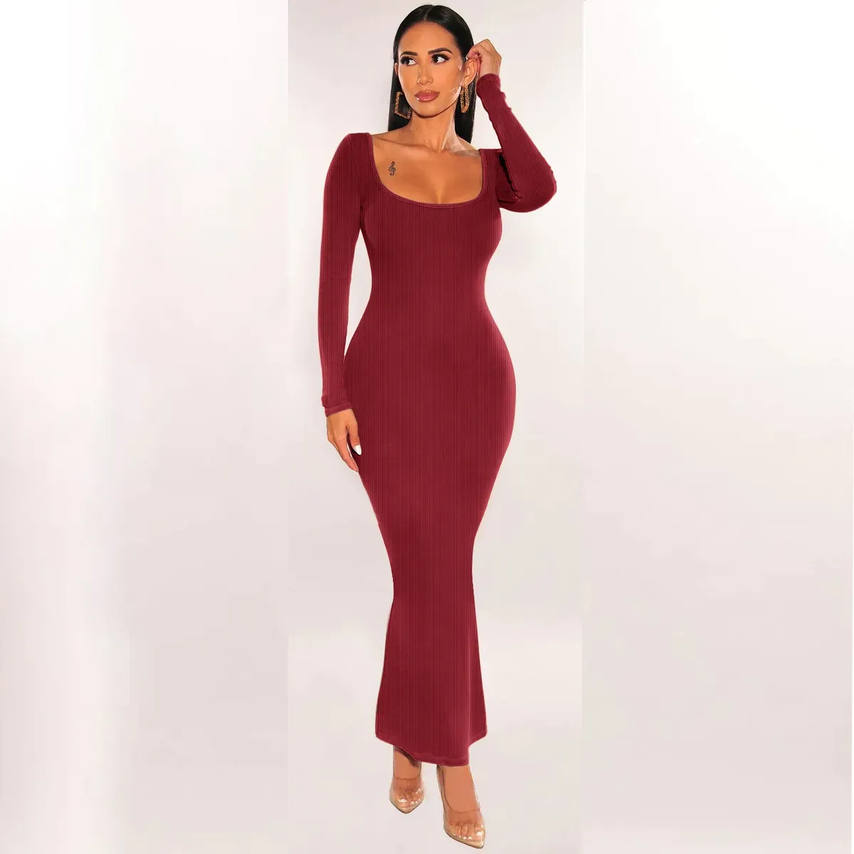 Nerina Ribbed Scoop Back Long Sleeve Bodycon Maxi Dress