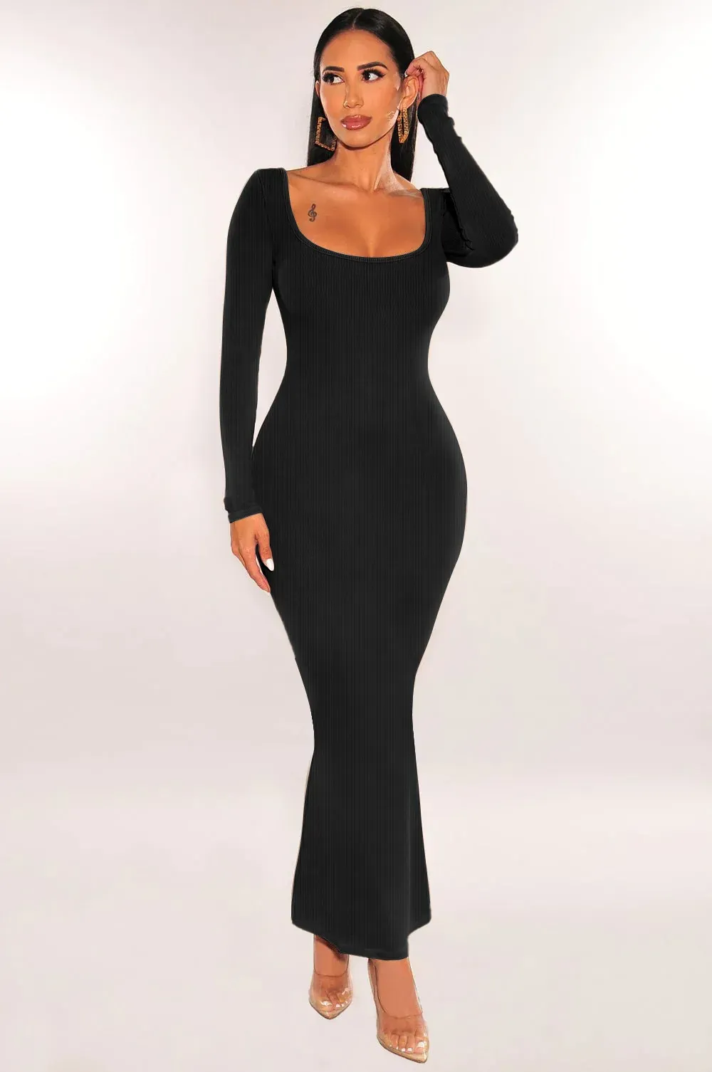 Nerina Ribbed Scoop Back Long Sleeve Bodycon Maxi Dress