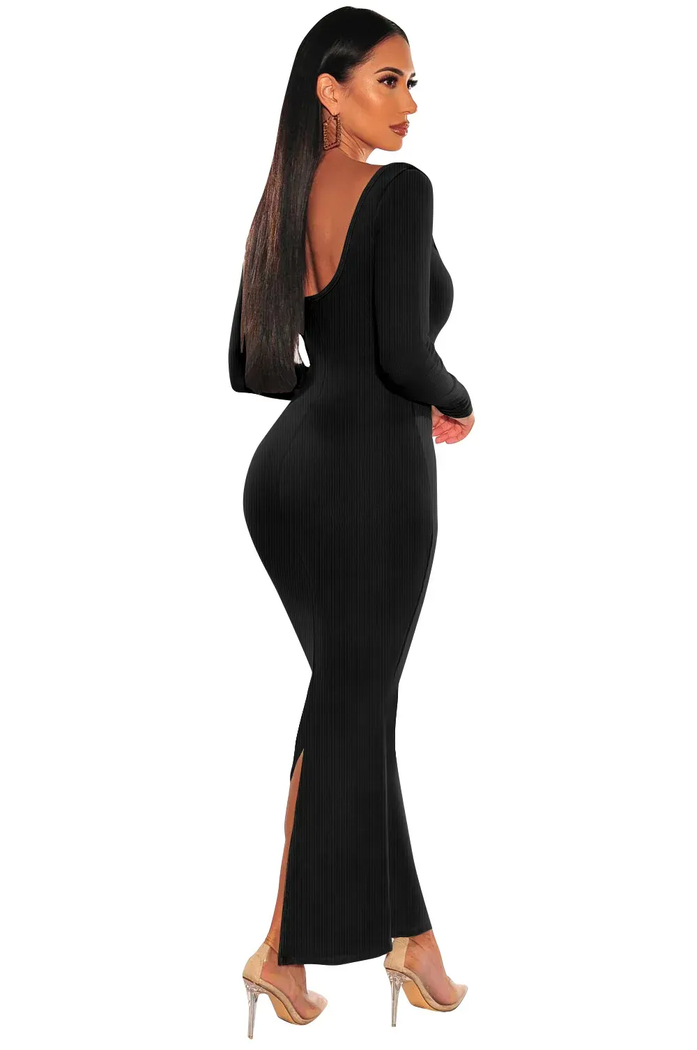 Nerina Ribbed Scoop Back Long Sleeve Bodycon Maxi Dress